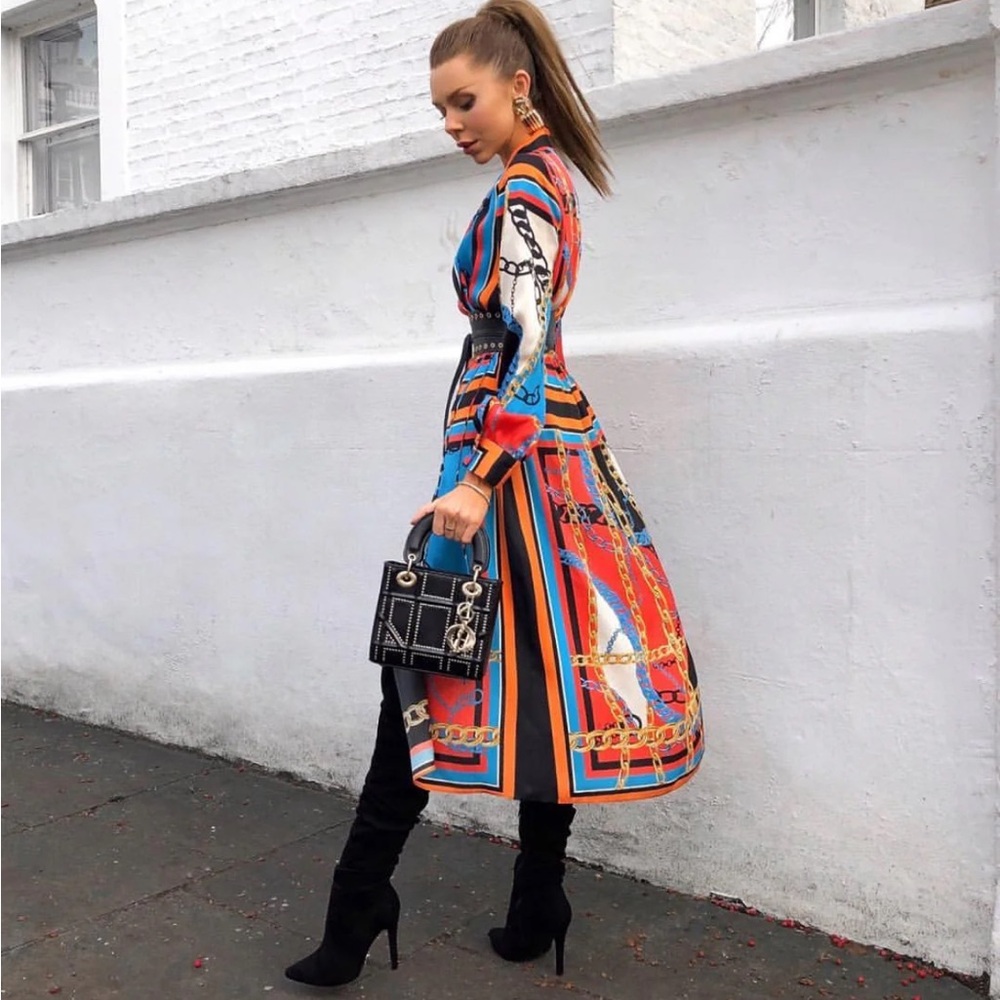 Zara Blogger Fav Chain Print Scarf Print Long Sleeve Midi Shirt Dress Orange